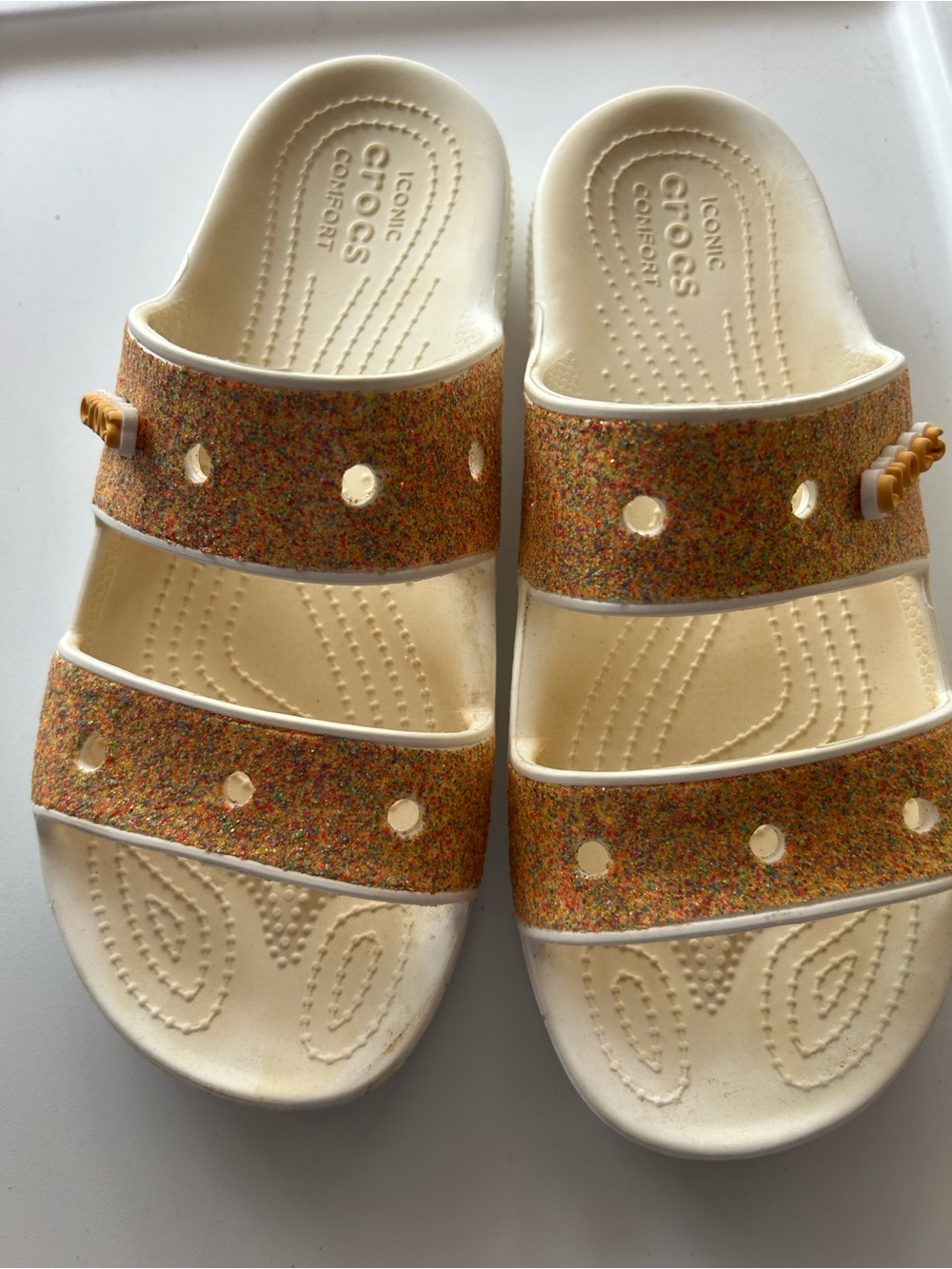 CROCS Cream Slide Sandals with Multicolor Glitter Straps - Picture 3 of 4